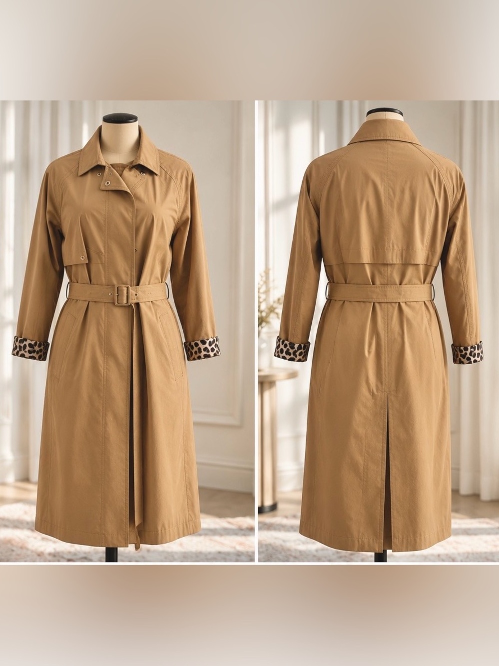 Geox Respira Womenโs Long Trench Coat Tan Leopard Lining Size 48 / US 12 NWT